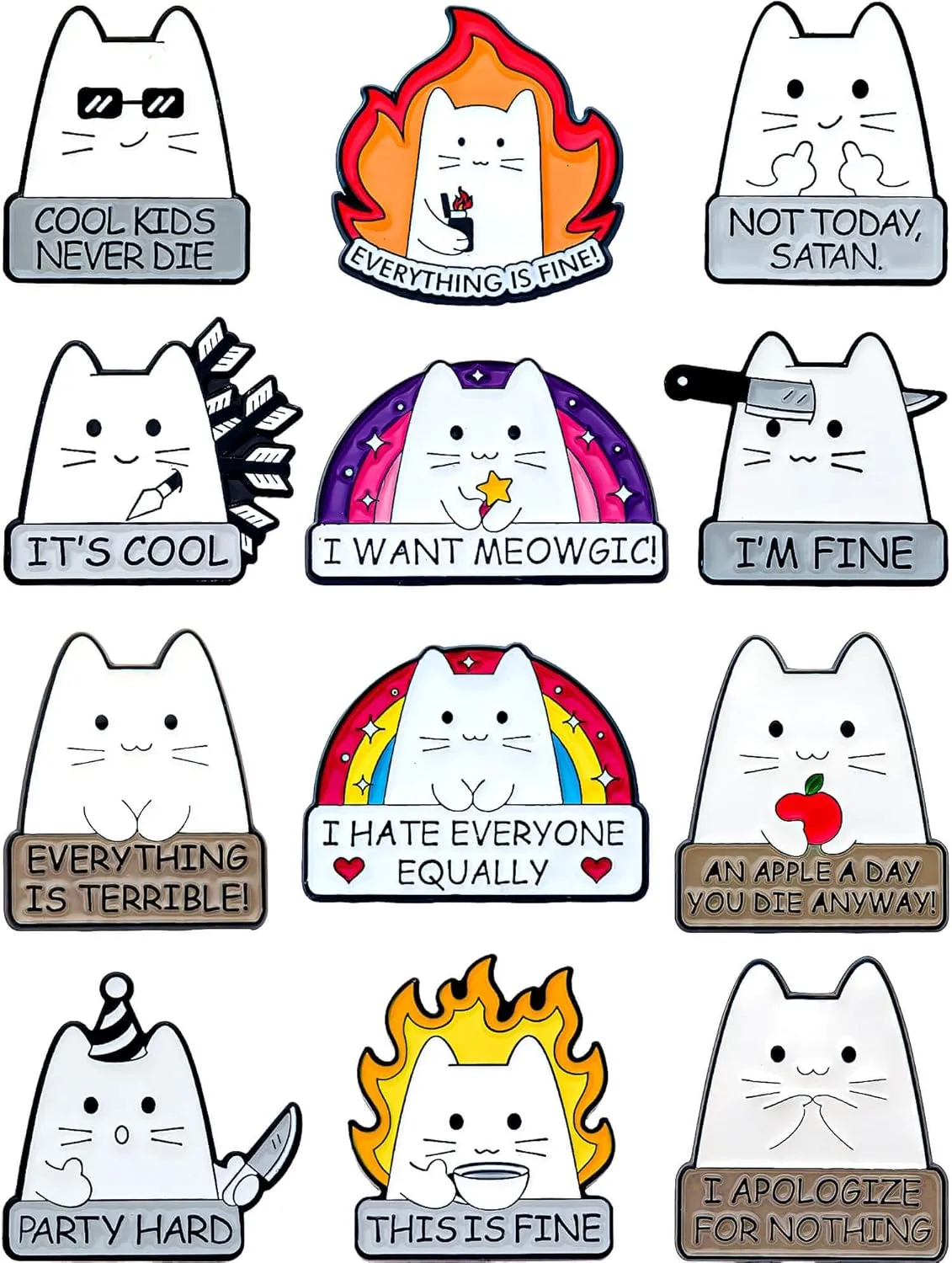 12 Pcs Cat Enamel Pins for Backpacks  Unique Funny Cute Lapel Pins for Jackets & Hats  Gift for Friends & Collectors