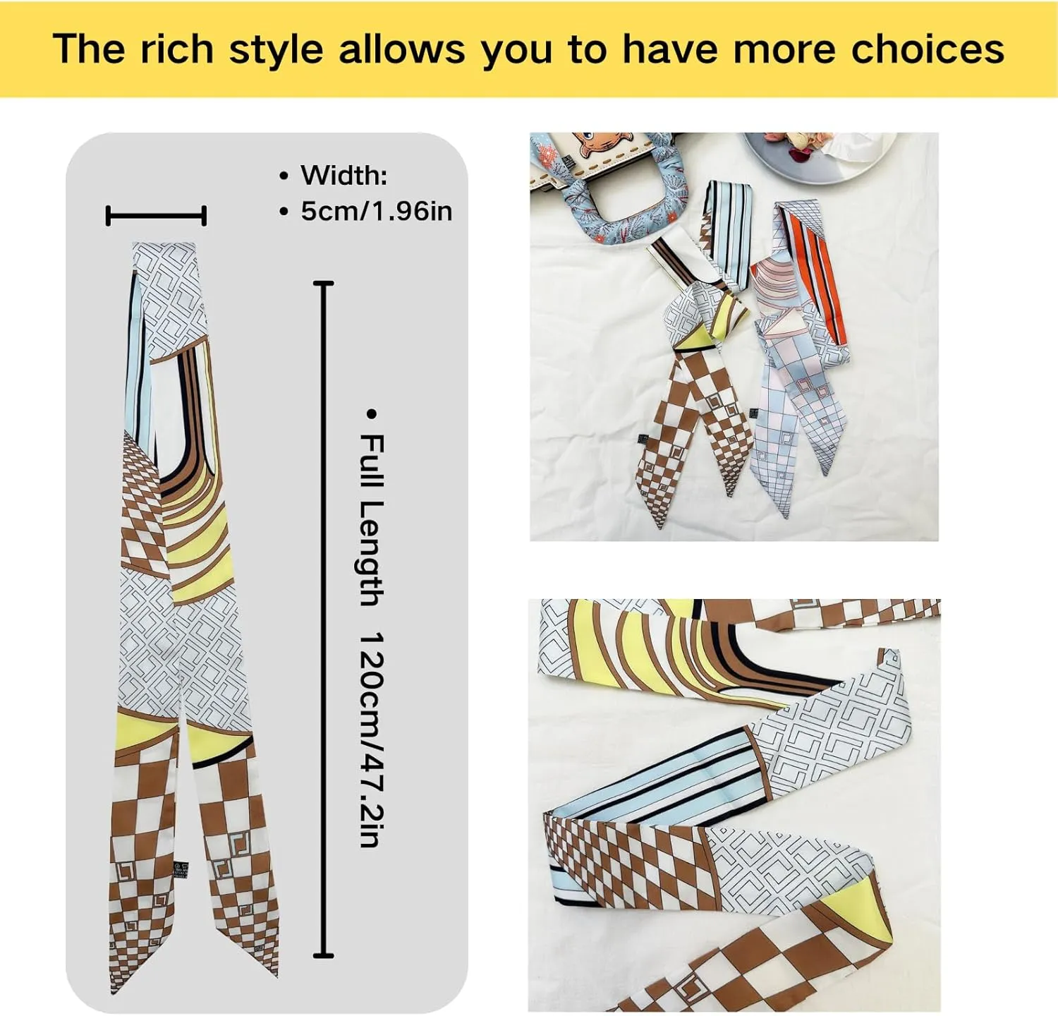 2 Pack Silk Purse Scarf For Handbags Head Hair Ribbon Fashion Skinny Scarf For Women Long Neckerchief