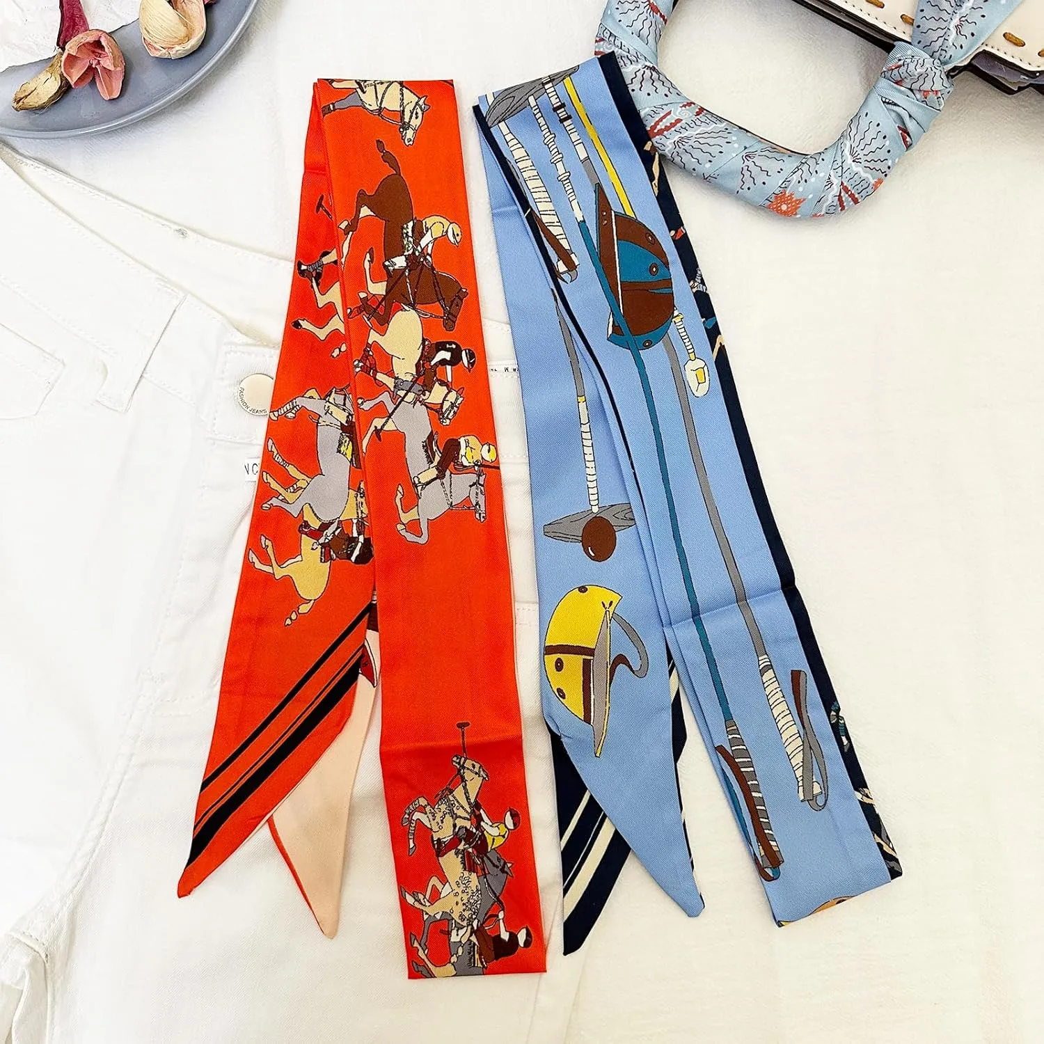 2 Pack Silk Purse Scarf For Handbags Head Hair Ribbon Fashion Skinny Scarf For Women Long Neckerchief
