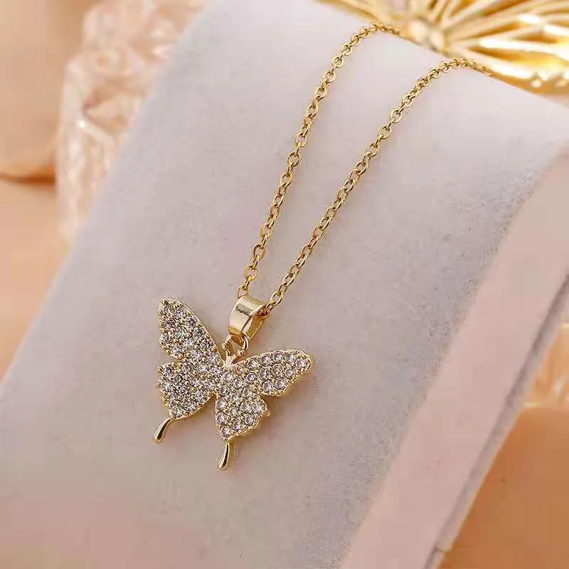 316L Stainless Steel Glittering Butterfly Rhinestone Wedding Gold Color Necklace Beautiful Neck Chain For Women