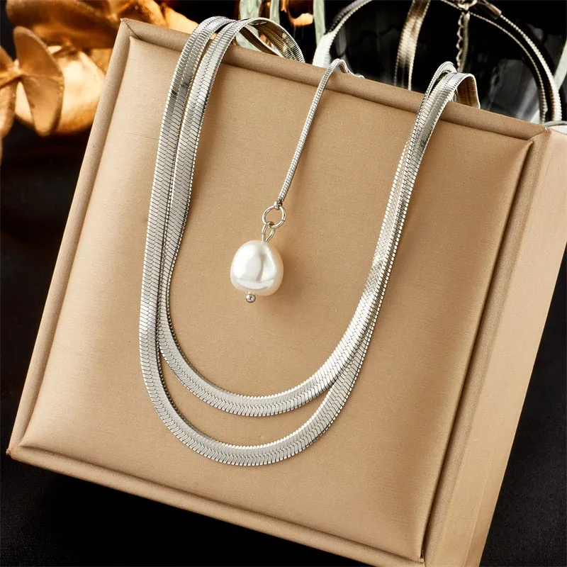 316L Stainless Steel Gold Color Extra Long Flat Snake Chain Pearl Pendant Necklace For Women