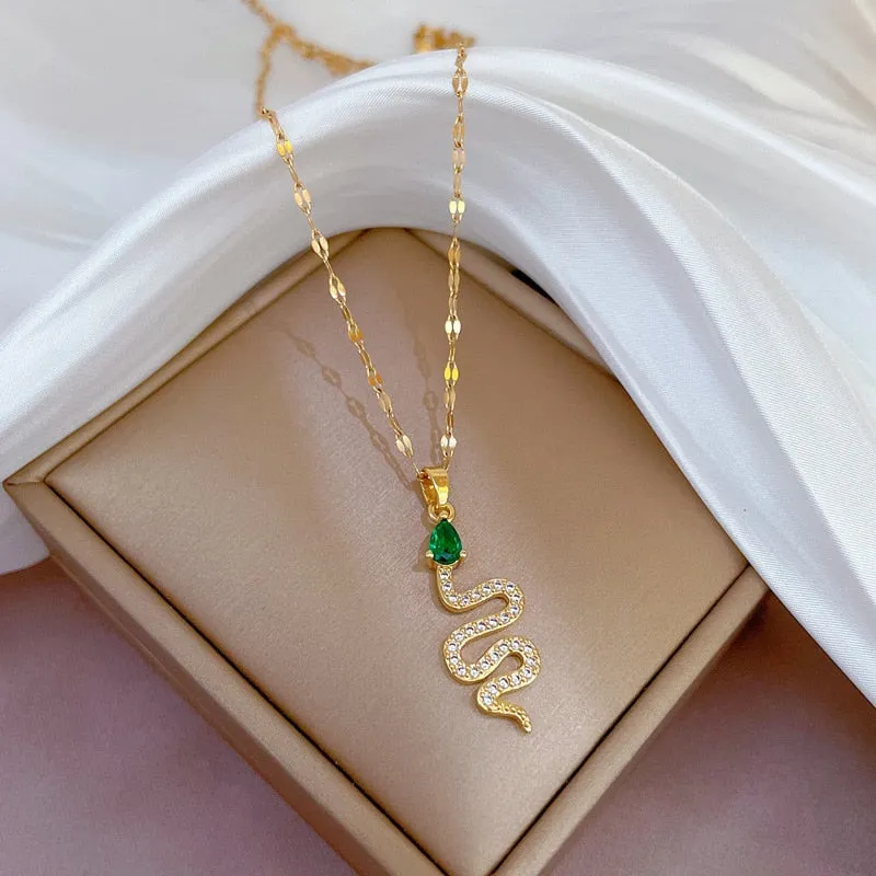 316L Stainless Steel Green Zircon Snake Pendant Necklace For Women