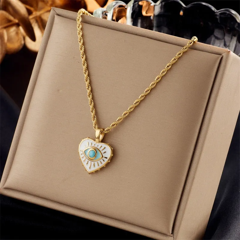 316L Stainless Steel Heart Enamel Eye Pendant Necklace For Women
