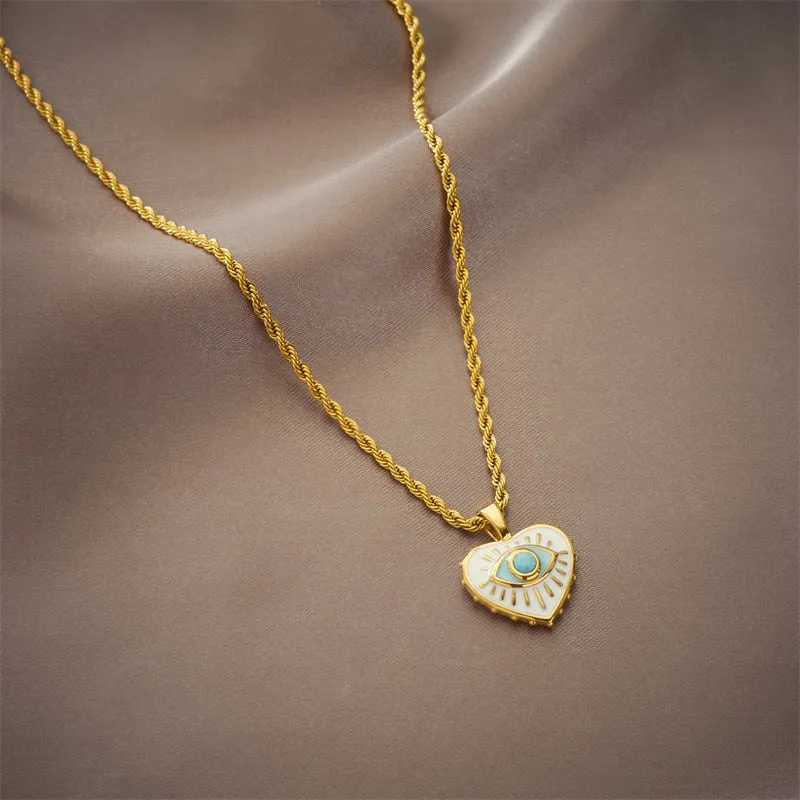 316L Stainless Steel Heart Enamel Eye Pendant Necklace For Women