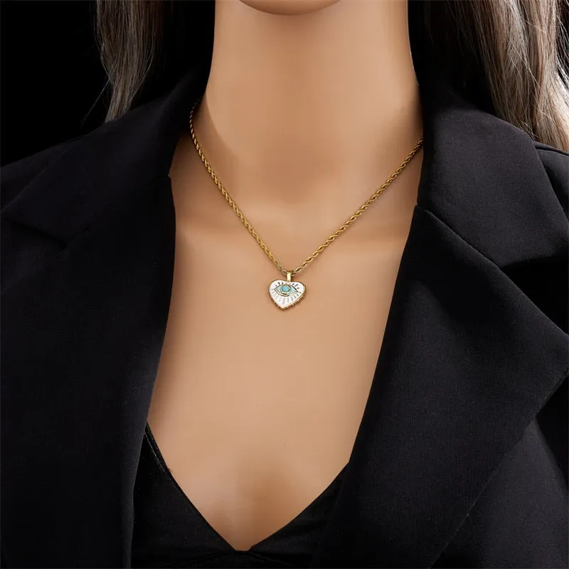 316L Stainless Steel Heart Enamel Eye Pendant Necklace For Women