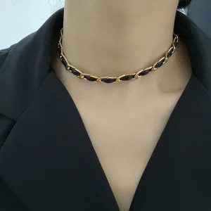 316L Stainless Steel Korean Style Black Weave Gold Color Necklace
