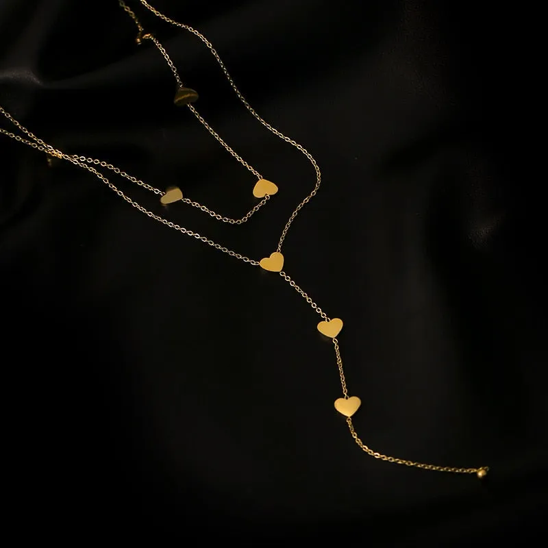 316L Stainless Steel Love Heart Tassel Long Necklace 2 Layers Beautiful Clavicle Chain