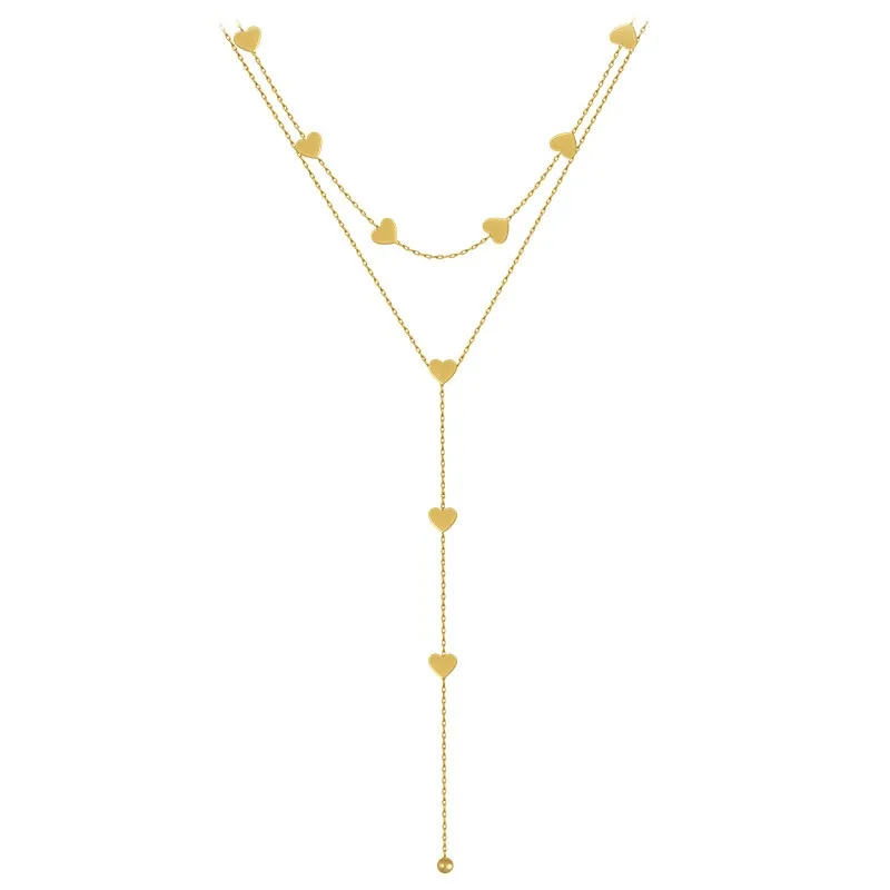 316L Stainless Steel Love Heart Tassel Long Necklace 2 Layers Beautiful Clavicle Chain