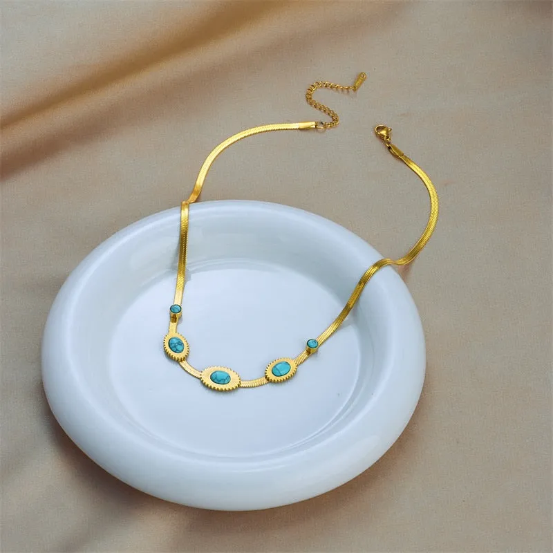 316L Stainless Steel Oval Green Stone Necklace For Women
