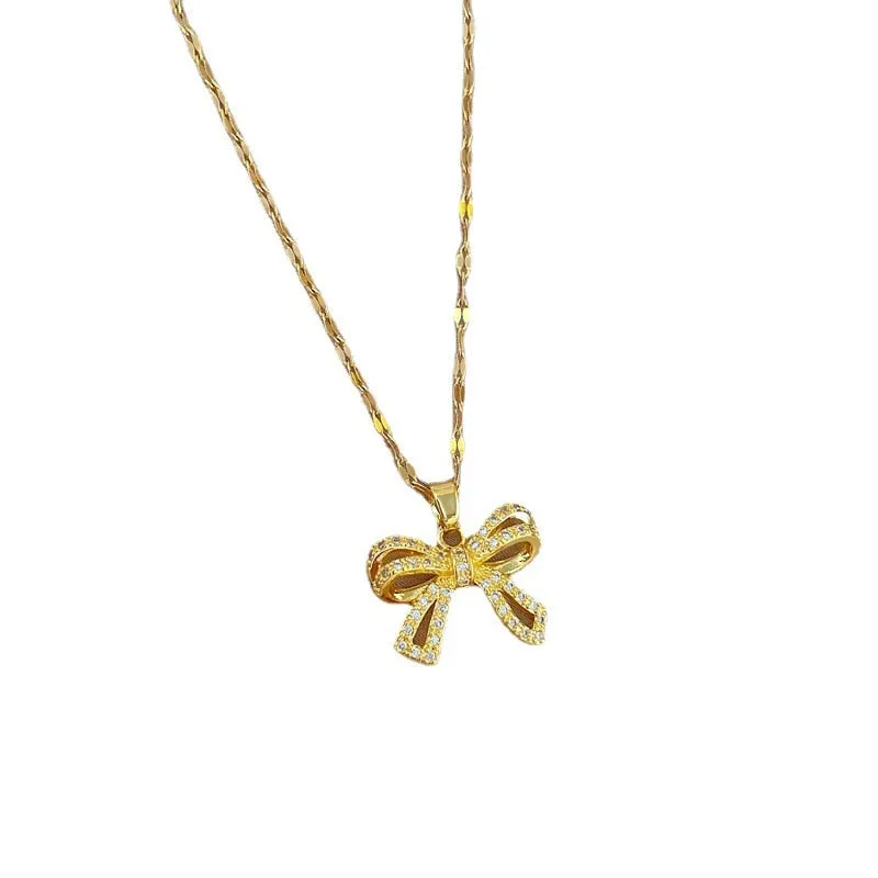 316L Stainless Steel Sparkling Zirconia Bowknot Pendant Necklace For Women