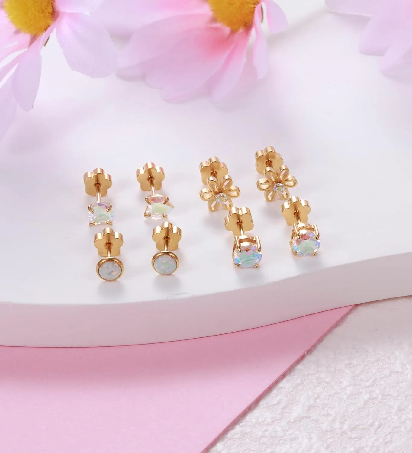 4Pairs Hypoallergenic Screw Back Earrings for Women 14k Gold Surgical Steel Flat Back Earrings Opal CZ Flower Heart Cartilage Earring for Sensitive Skin 20G Handmade Nap Earrings Studs Gold AB CZ