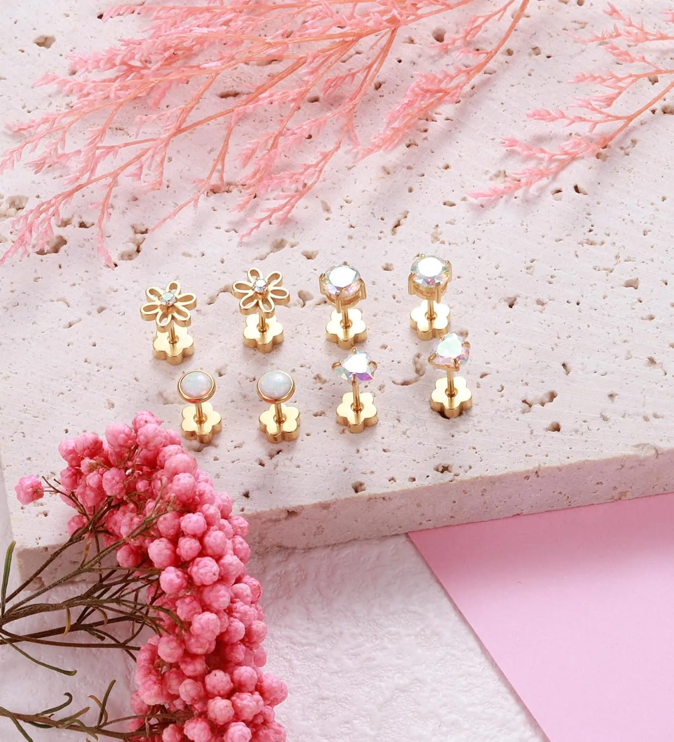 4Pairs Hypoallergenic Screw Back Earrings for Women 14k Gold Surgical Steel Flat Back Earrings Opal CZ Flower Heart Cartilage Earring for Sensitive Skin 20G Handmade Nap Earrings Studs Gold AB CZ