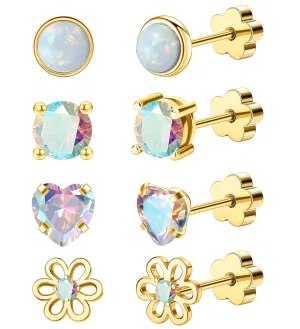 4Pairs Hypoallergenic Screw Back Earrings for Women 14k Gold Surgical Steel Flat Back Earrings Opal CZ Flower Heart Cartilage Earring for Sensitive Skin 20G Handmade Nap Earrings Studs Gold AB CZ