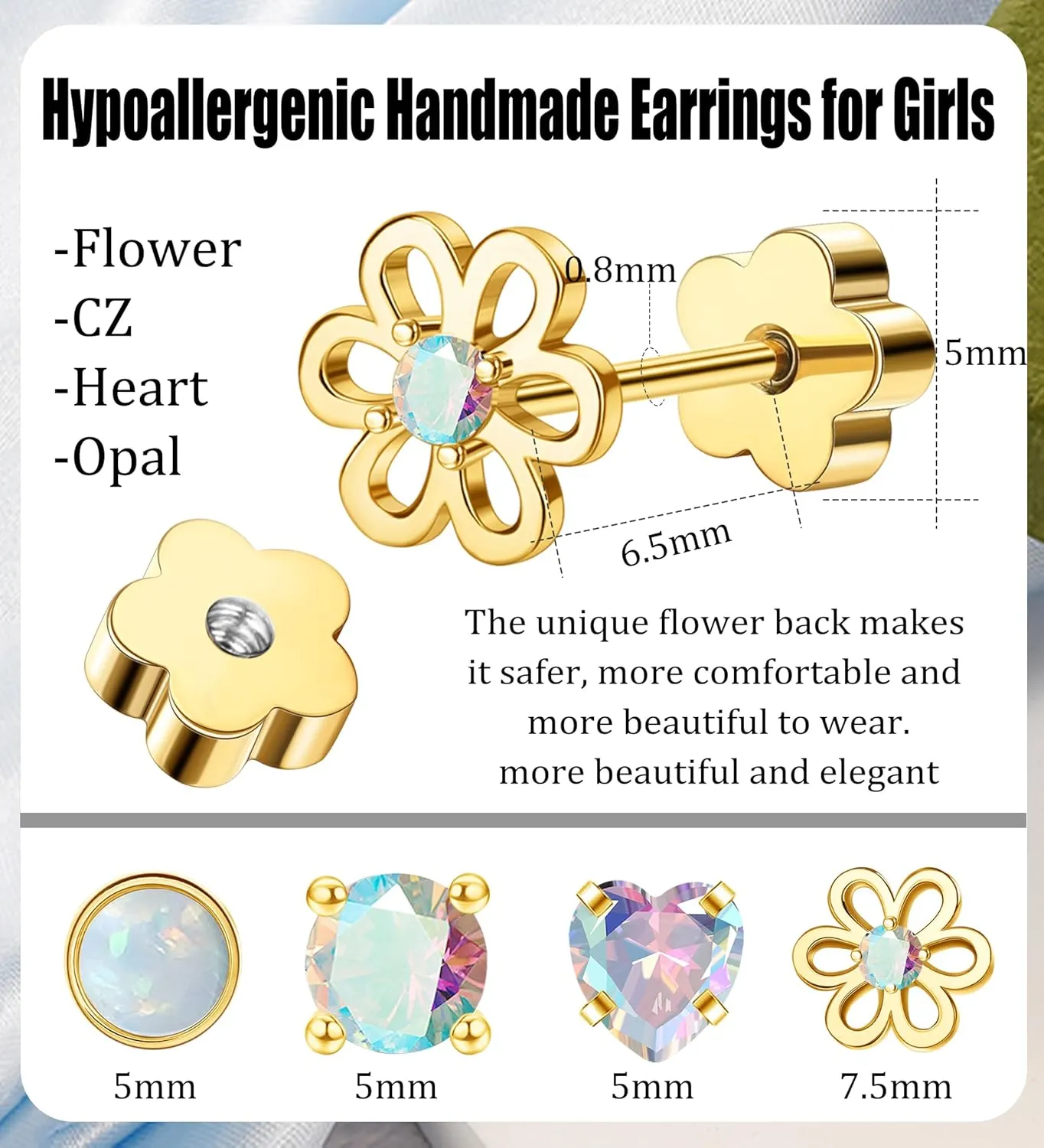 4Pairs Hypoallergenic Screw Back Earrings for Women 14k Gold Surgical Steel Flat Back Earrings Opal CZ Flower Heart Cartilage Earring for Sensitive Skin 20G Handmade Nap Earrings Studs Gold AB CZ