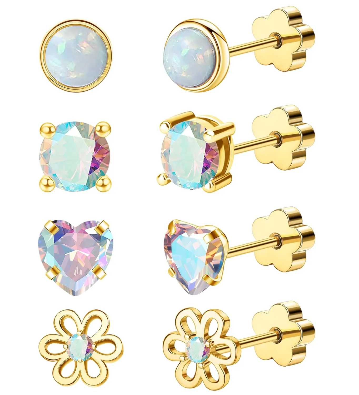 4Pairs Hypoallergenic Screw Back Earrings for Women 14k Gold Surgical Steel Flat Back Earrings Opal CZ Flower Heart Cartilage Earring for Sensitive Skin 20G Handmade Nap Earrings Studs Gold AB CZ