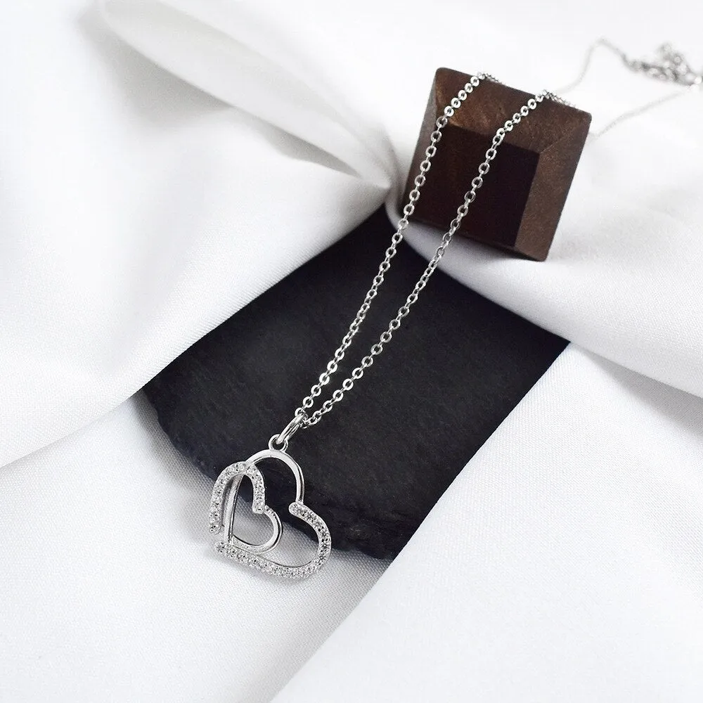 925 Sterling Silver Necklace Double Heart Overlap Pendant Necklace For