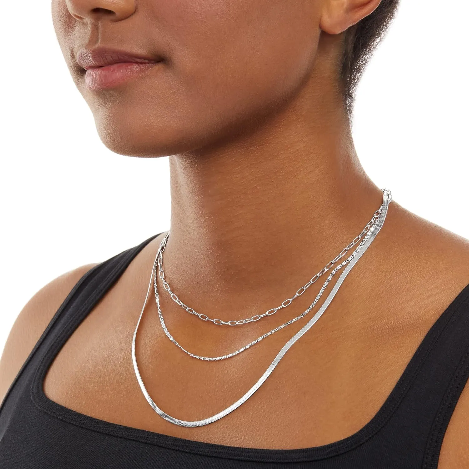 Amazon Essentials 14K Paperclip, Station and Herringbone Chain 3 Row Layered Necklace 16" 18" 20"