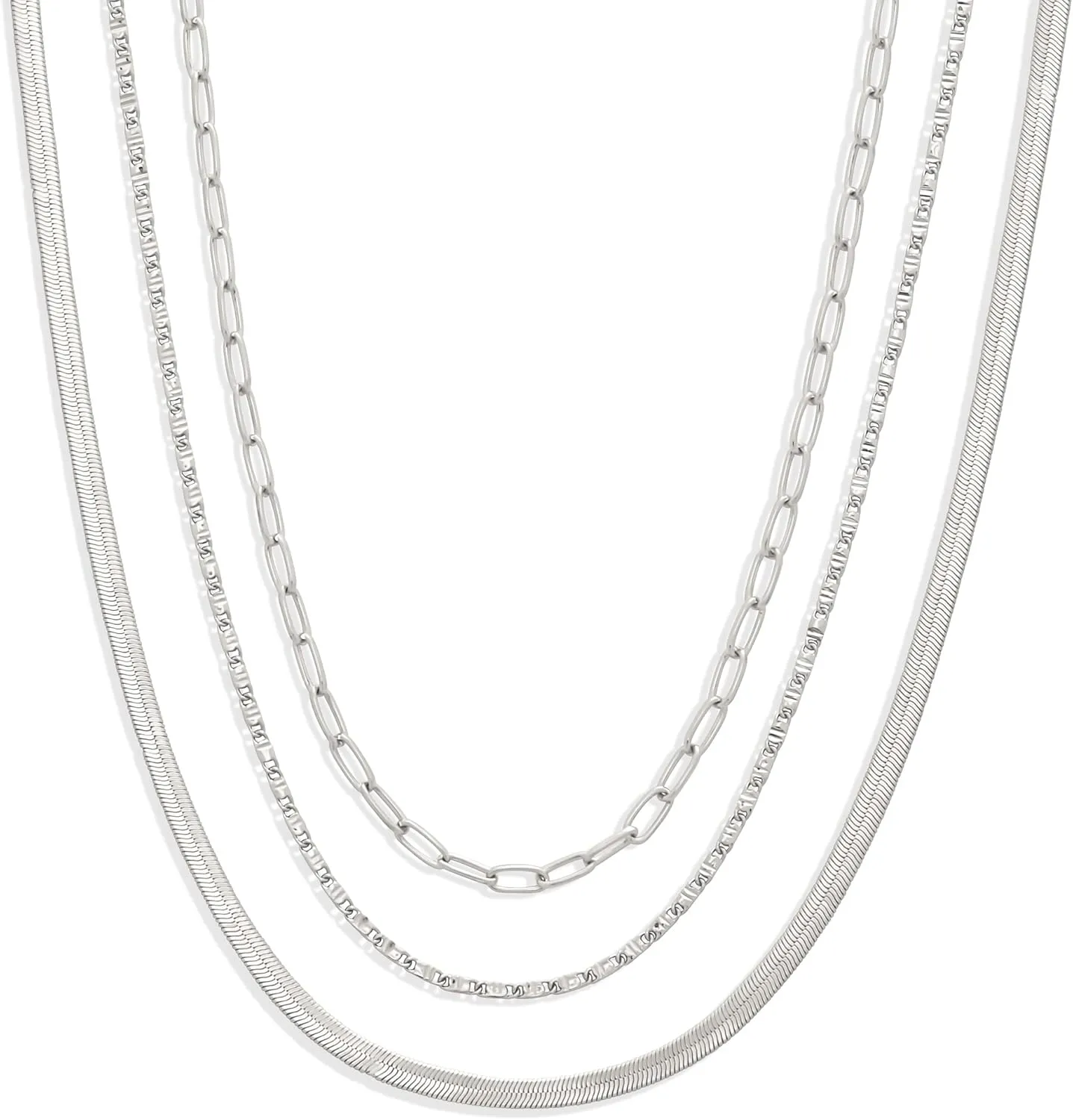 Amazon Essentials 14K Paperclip, Station and Herringbone Chain 3 Row Layered Necklace 16" 18" 20"