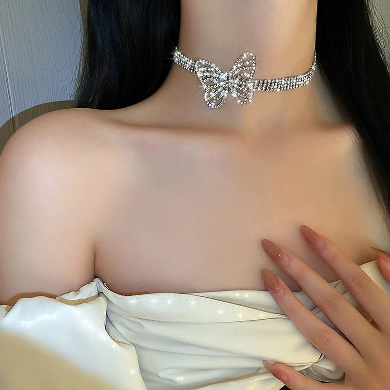 Beautiful Butterfly Crystal Choker Necklaces for Women Shine Rhinestone Necklaces