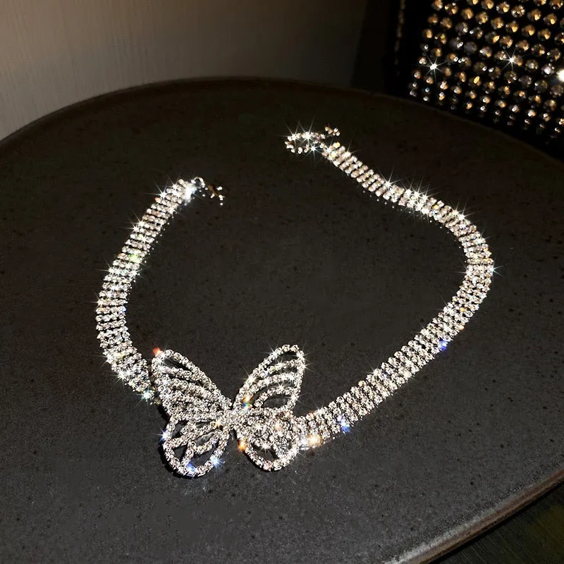 Beautiful Butterfly Crystal Choker Necklaces for Women Shine Rhinestone Necklaces