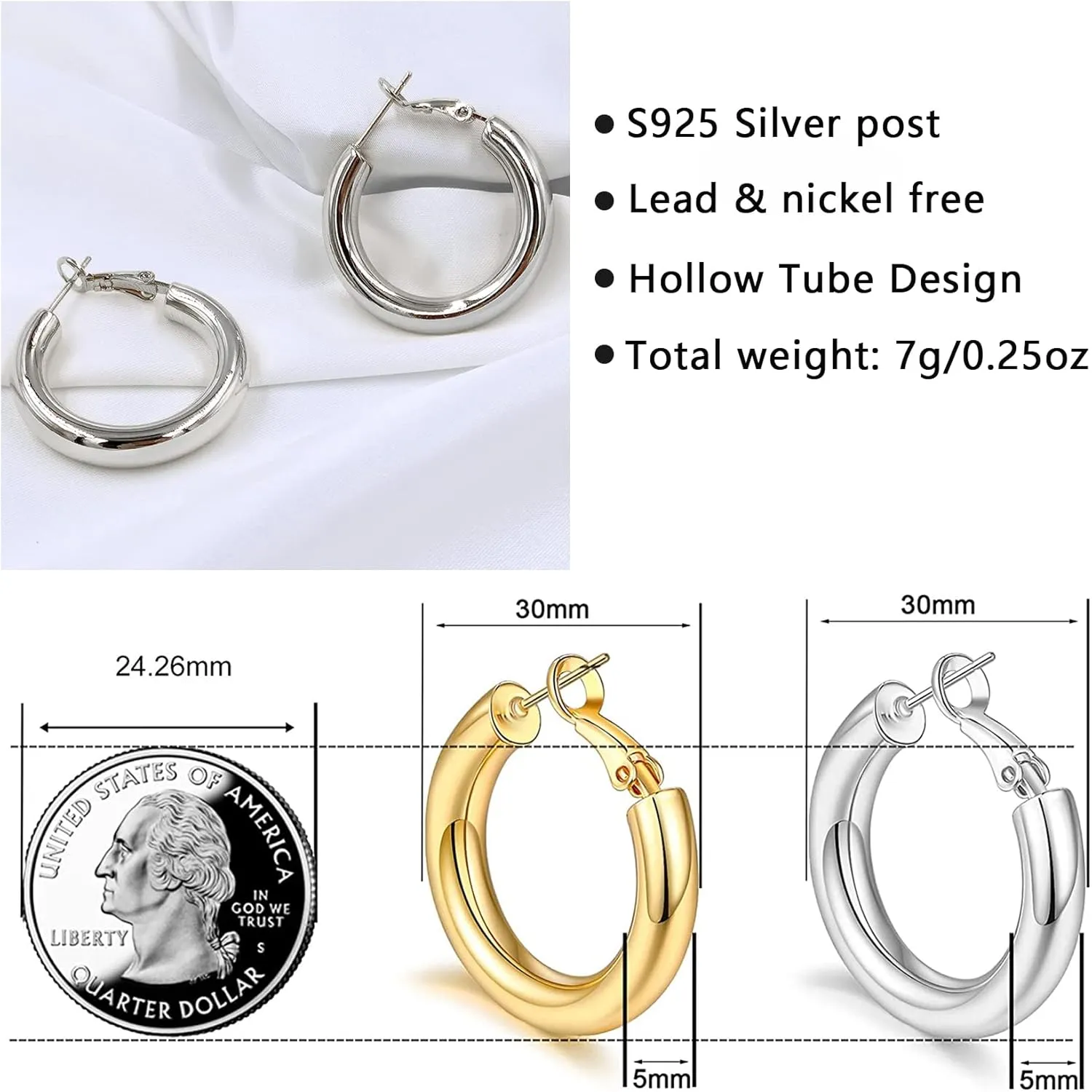 BMMYE 925 Sterling Silver Post Chunky Gold Hoop Earrings, 14K Gold Plated Earrings for Women Lightweight Hollow Tube 25mm-70mm