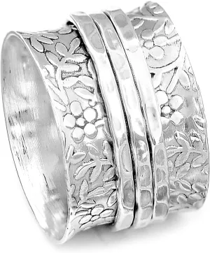 Boho-Magic Sterling Silver Spinner Ring for Women  925 Silver Spinning Ring Band with Floral Design  Wide Band Stainless Steel Statement Rings for women Meditation, Relaxation & Comfort