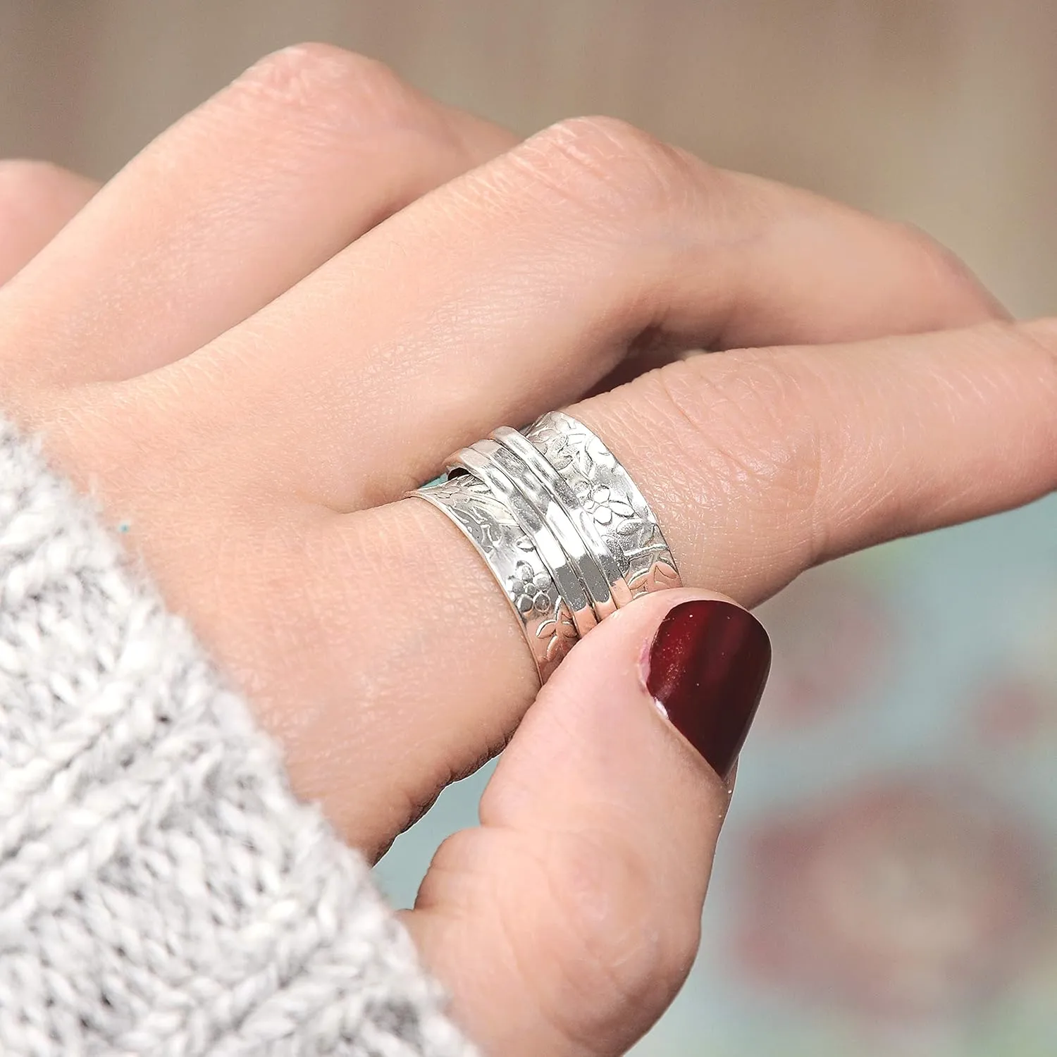 Boho-Magic Sterling Silver Spinner Ring for Women  925 Silver Spinning Ring Band with Floral Design  Wide Band Stainless Steel Statement Rings for women Meditation, Relaxation & Comfort