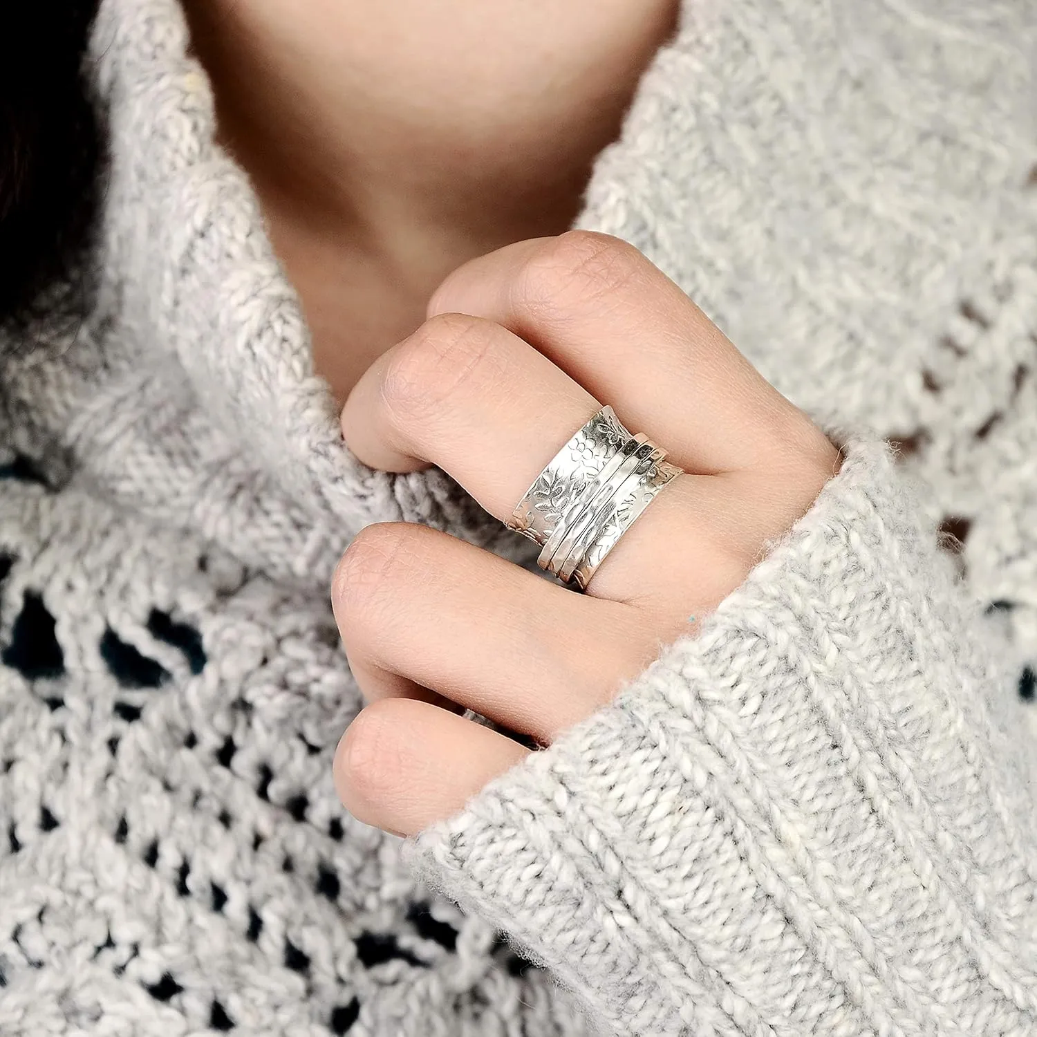 Boho-Magic Sterling Silver Spinner Ring for Women  925 Silver Spinning Ring Band with Floral Design  Wide Band Stainless Steel Statement Rings for women Meditation, Relaxation & Comfort