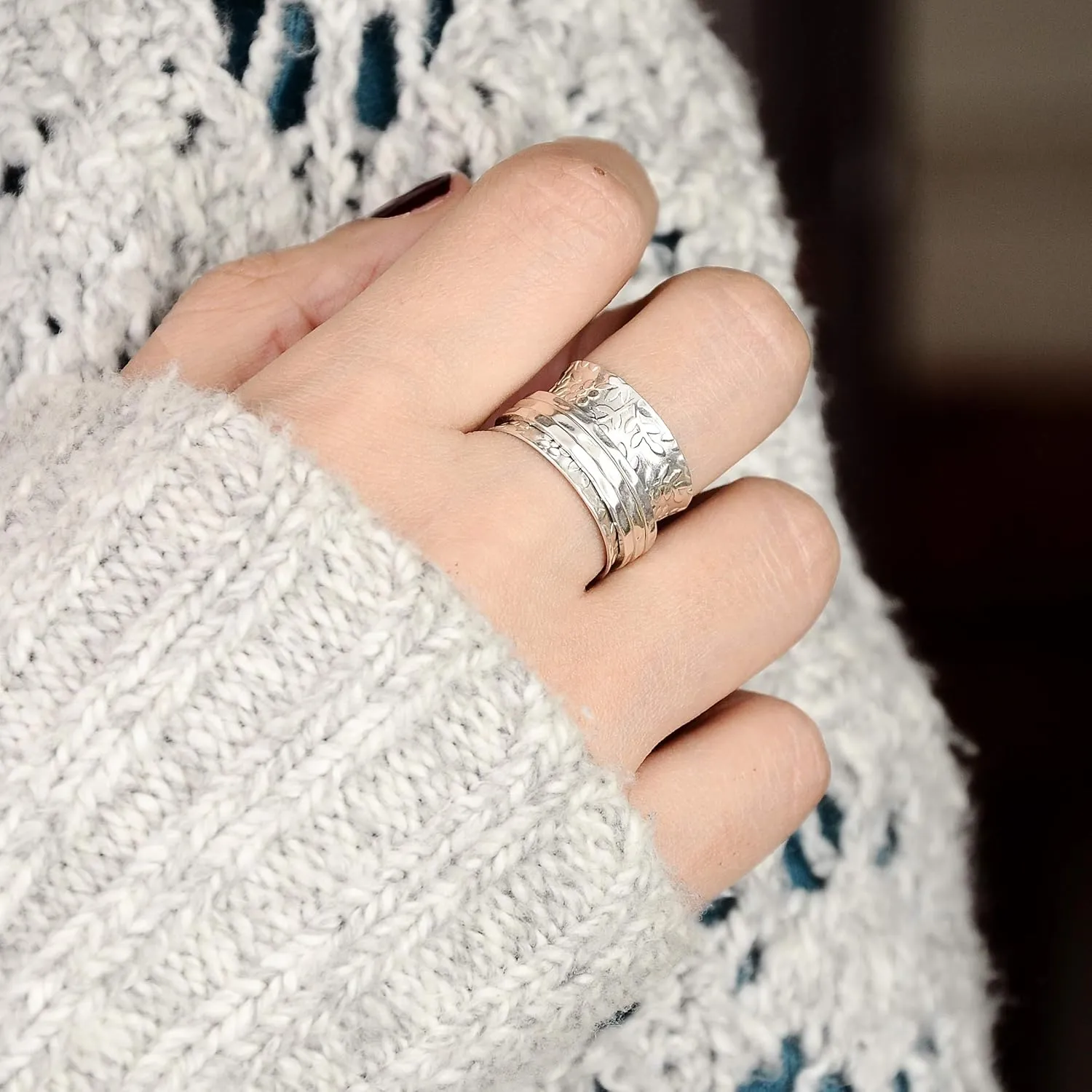 Boho-Magic Sterling Silver Spinner Ring for Women  925 Silver Spinning Ring Band with Floral Design  Wide Band Stainless Steel Statement Rings for women Meditation, Relaxation & Comfort