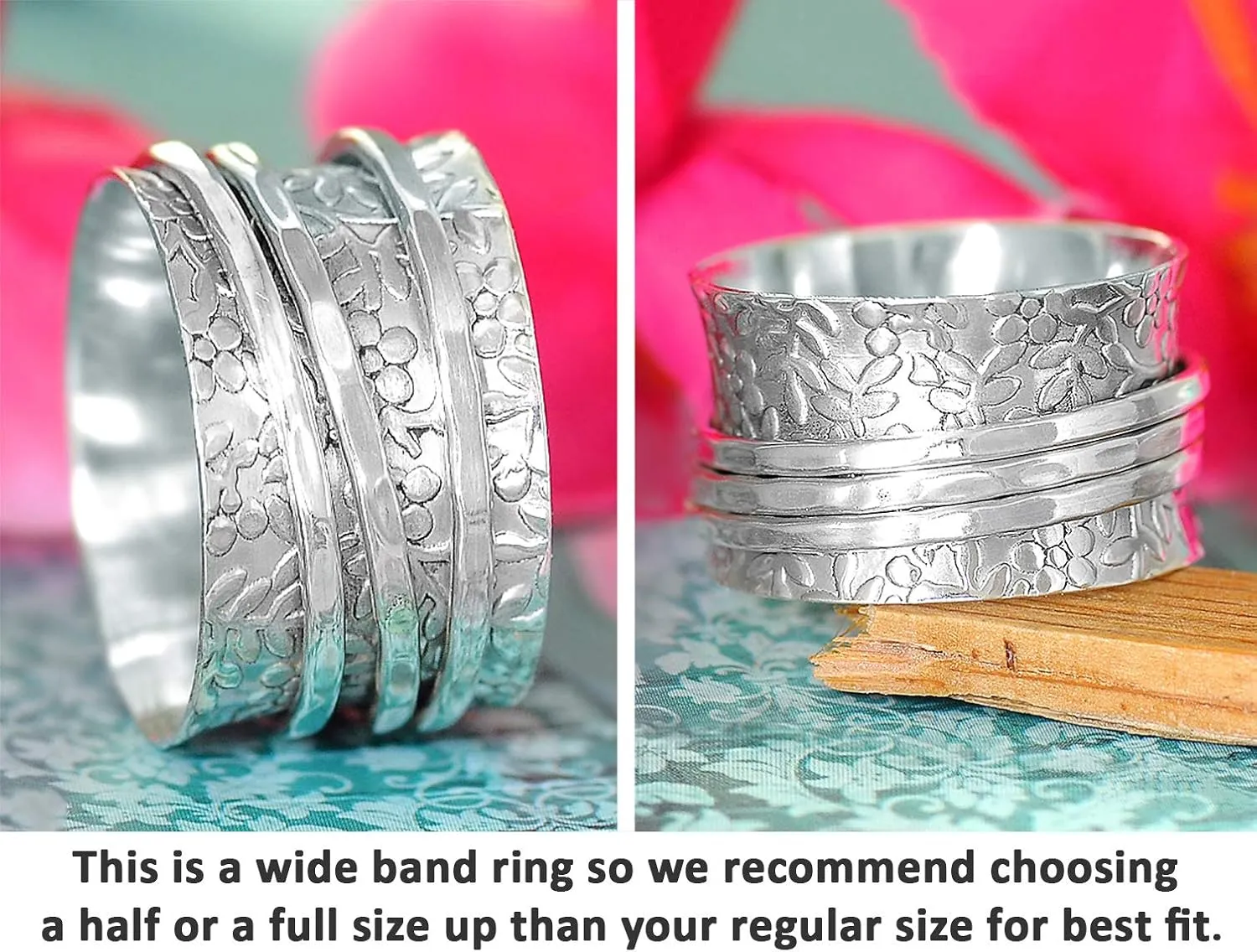 Boho-Magic Sterling Silver Spinner Ring for Women  925 Silver Spinning Ring Band with Floral Design  Wide Band Stainless Steel Statement Rings for women Meditation, Relaxation & Comfort