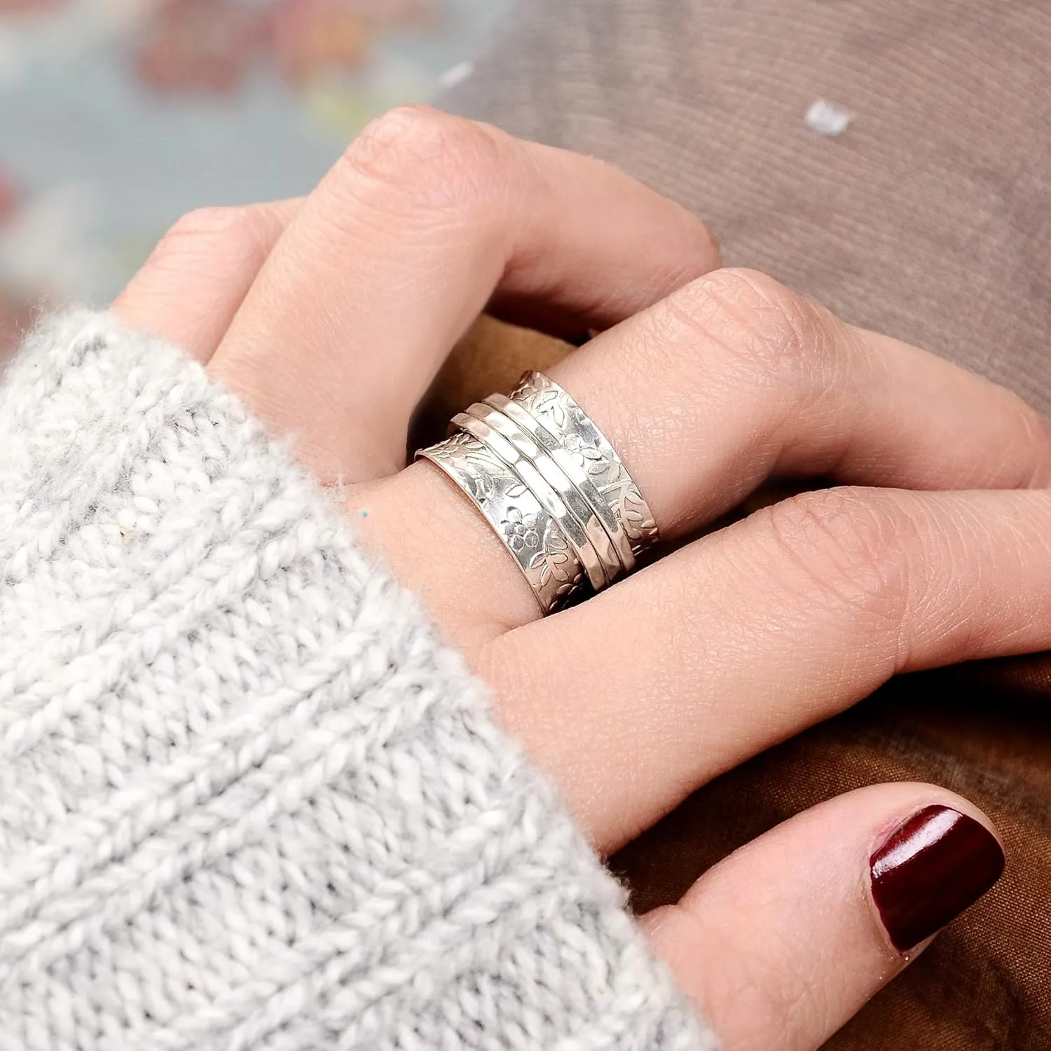 Boho-Magic Sterling Silver Spinner Ring for Women  925 Silver Spinning Ring Band with Floral Design  Wide Band Stainless Steel Statement Rings for women Meditation, Relaxation & Comfort