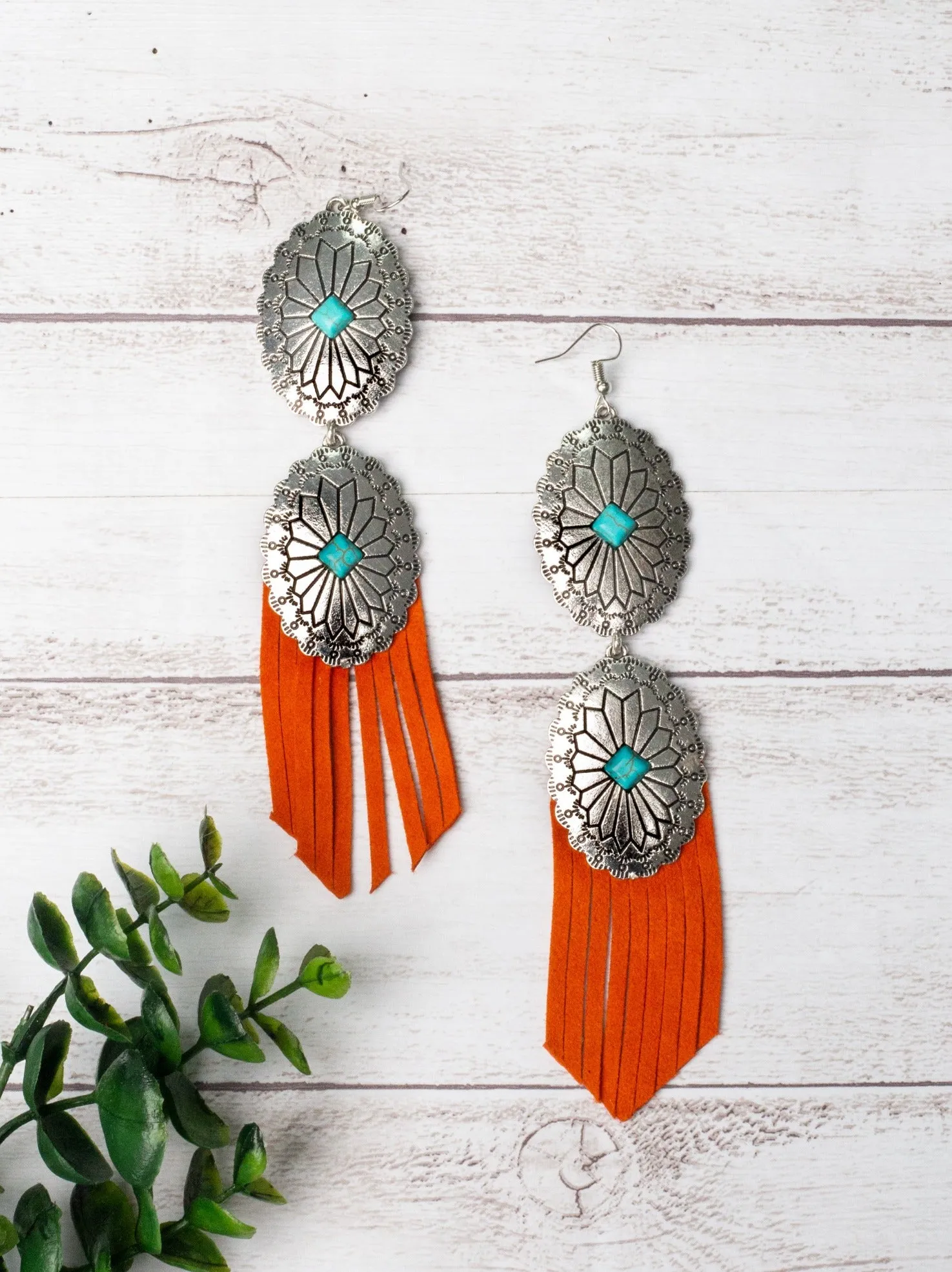 BUCK OFF COWBOY DOUBLE TURQUOISE CONCHO ORANGE FRINGE EARRINGS