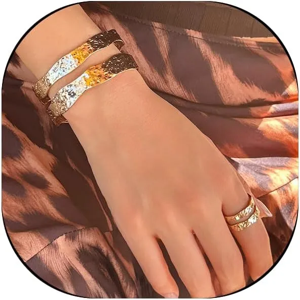 Chunky Cuff Bracelets Ring Set for Women Vintage Jewelry Set Irregular Lava Cuff Bracelet Rings Gold Silver Bangle Rings Statement Bangle Bracelet Set