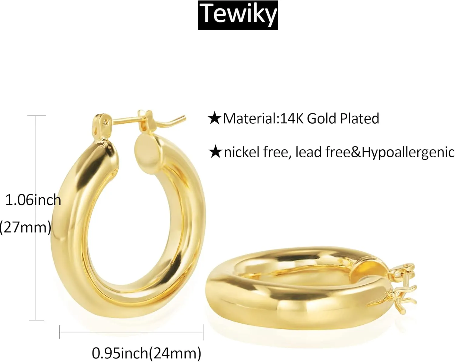 Chunky Gold Hoop Earrings for Women, 14k Gold Plated Thick Triple Hoop Earrings Hypoallergenic Trendy Chunky Gold Hoops Earrings Dainty Jewelry Gifts for Women