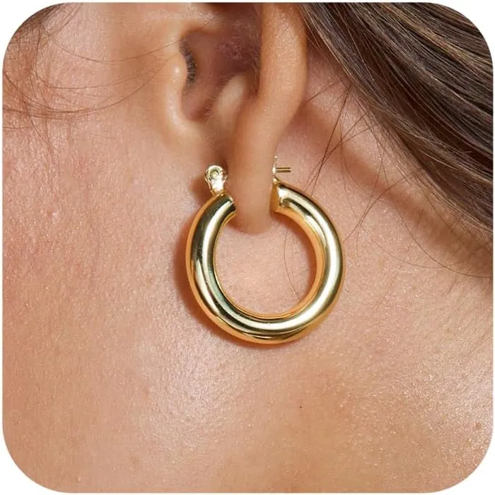 Chunky Gold Hoop Earrings for Women, 14k Gold Plated Thick Triple Hoop Earrings Hypoallergenic Trendy Chunky Gold Hoops Earrings Dainty Jewelry Gifts for Women