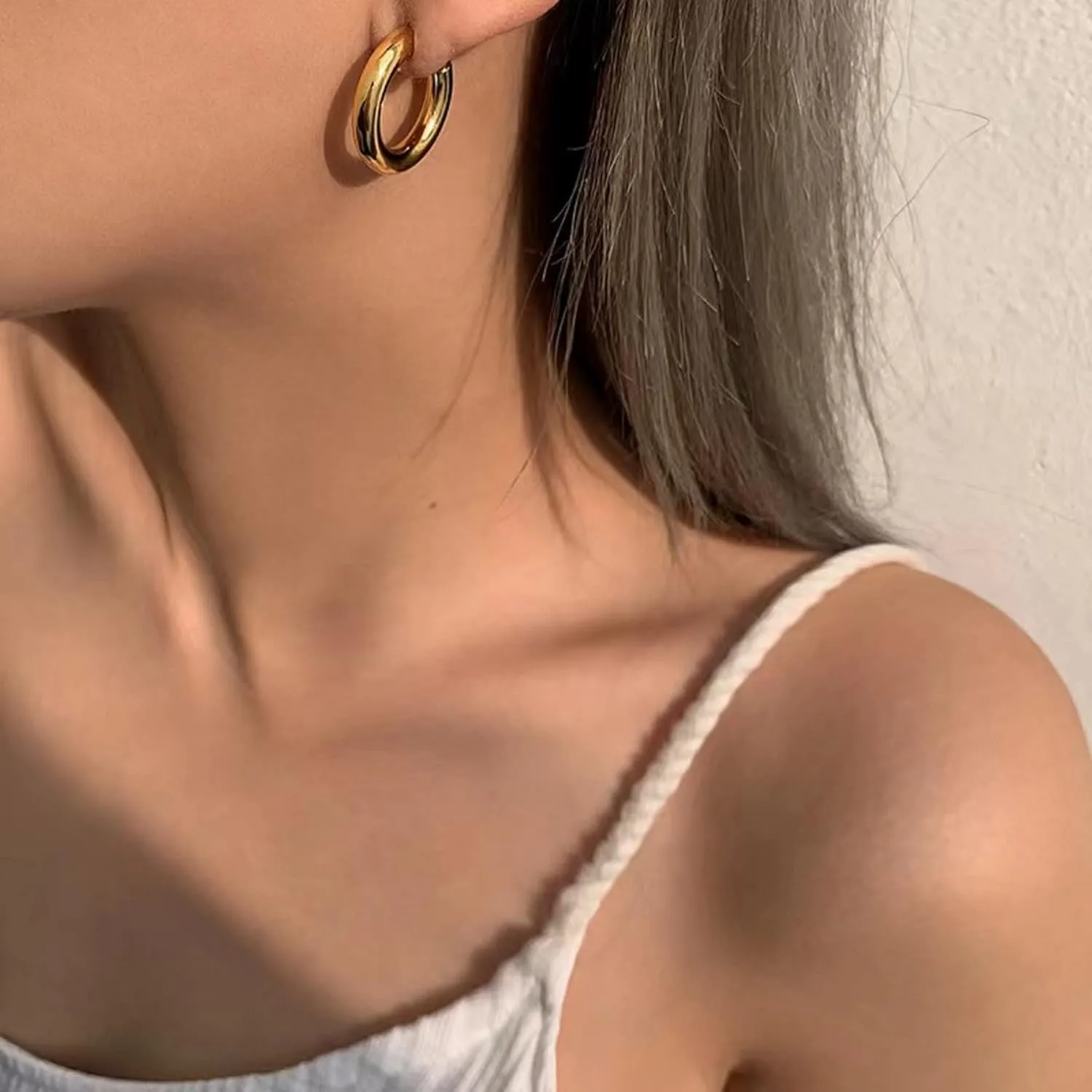 Chunky Gold Hoop Earrings for Women, 14k Gold Plated Thick Triple Hoop Earrings Hypoallergenic Trendy Chunky Gold Hoops Earrings Dainty Jewelry Gifts for Women