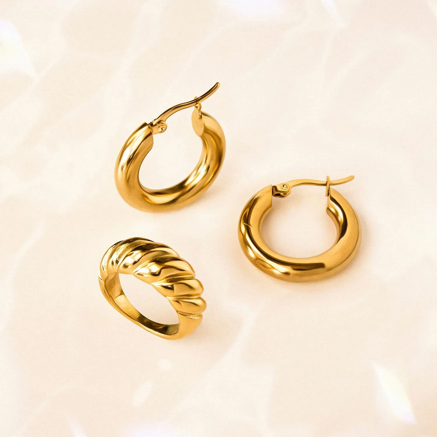 Chunky Gold Hoop Earrings for Women, 14k Gold Plated Thick Triple Hoop Earrings Hypoallergenic Trendy Chunky Gold Hoops Earrings Dainty Jewelry Gifts for Women