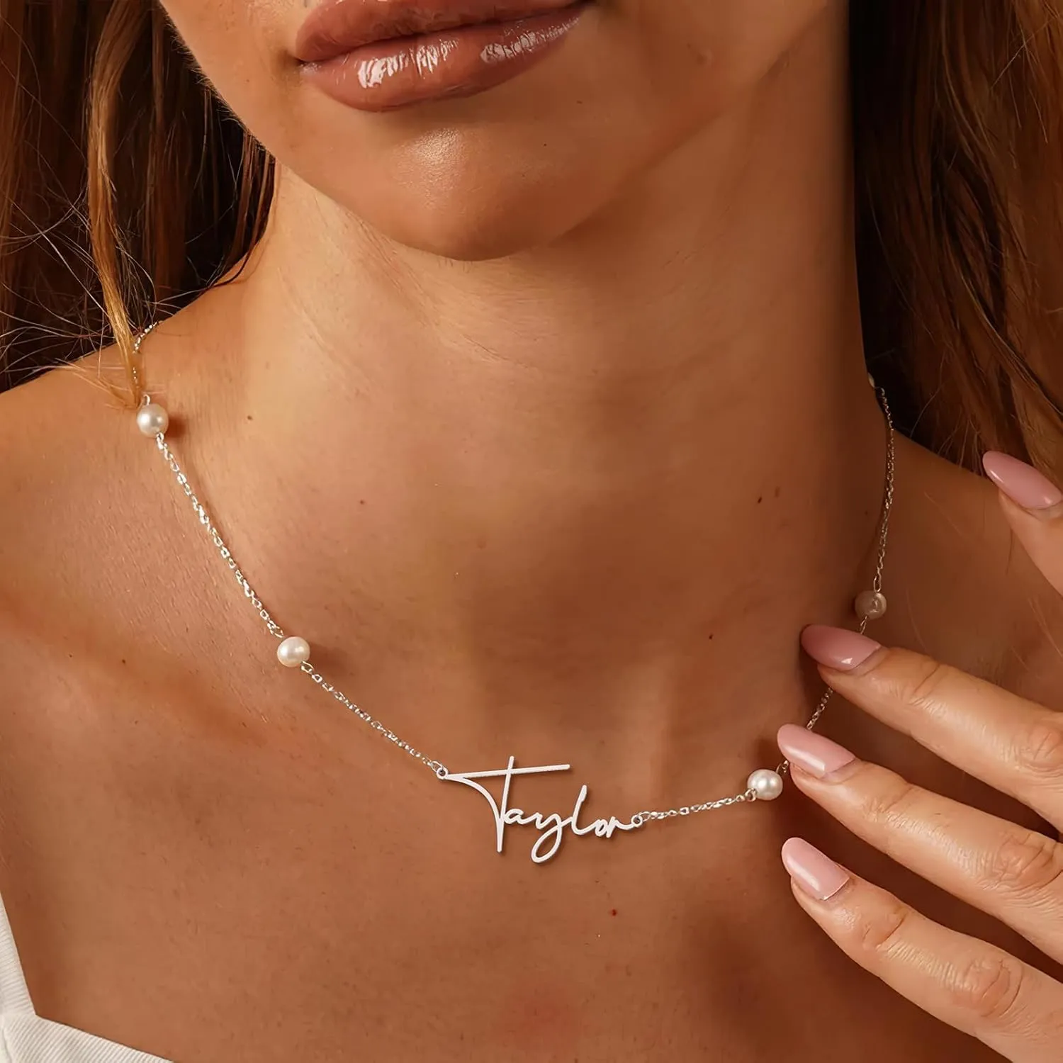 Custom Name Necklace with 6 mm Freshwater Pearl Chain,925 Sterling Silver Personalized Pearl Choker Necklace Customized Wedding Gifts for Bride Bridesmaid