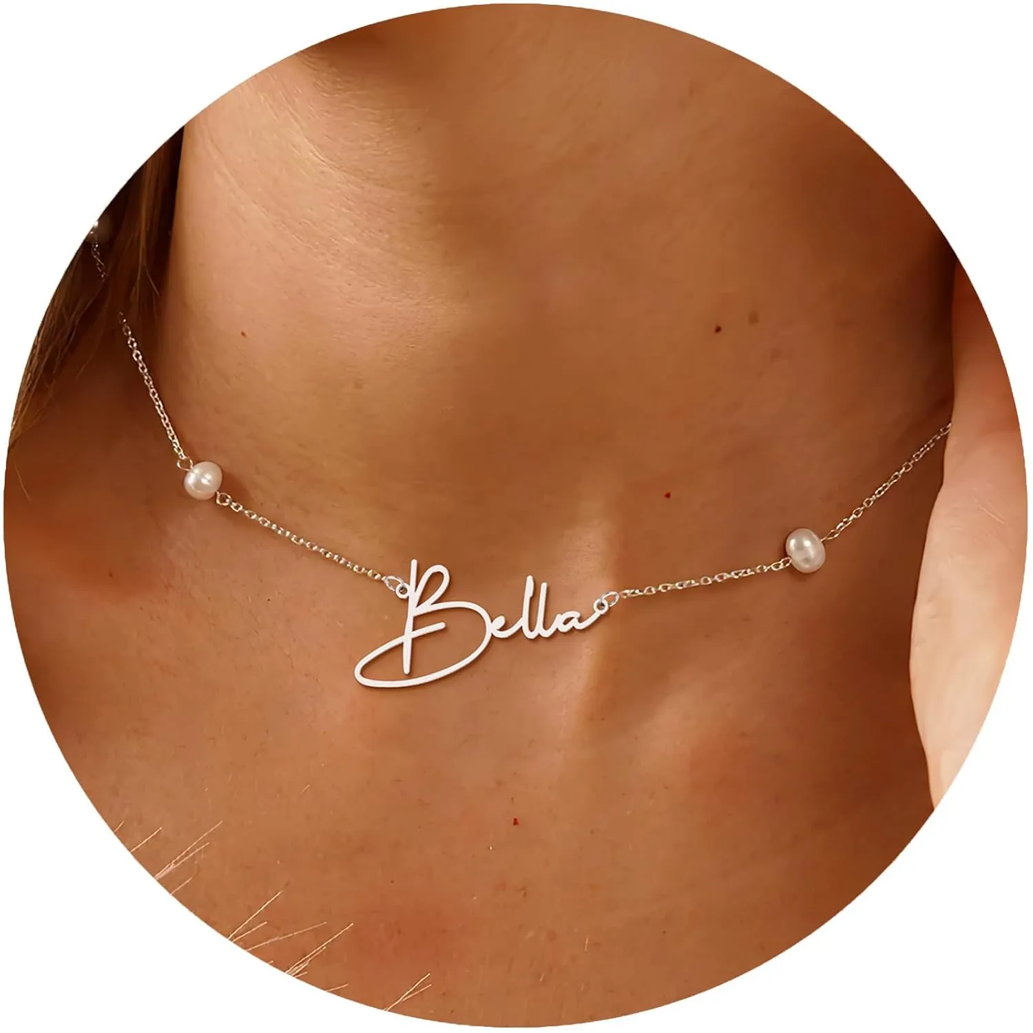 Custom Name Necklace with 6 mm Freshwater Pearl Chain,925 Sterling Silver Personalized Pearl Choker Necklace Customized Wedding Gifts for Bride Bridesmaid