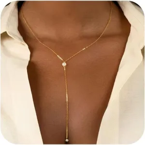 Dainty Gold Necklace for Women, Cute Long Necklace 14K Gold Plated CZ Lips Bead Y Shaped Lariat Necklace Simple Gold Choker Necklace Aesthetic Drop Necklace Trendy Gold Jewelry for Women