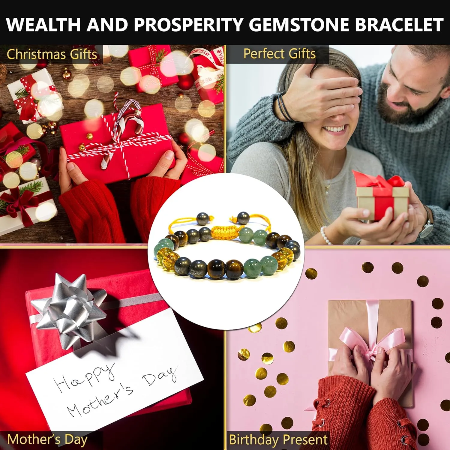 Energy Protection Crystal Handmade Adjustable Bead Bracelet Perfect for Men, Womens Gift - Gemstone Healing Stretch Bracelet Pulsera Para Hombre Mujer Stocking Stuffer