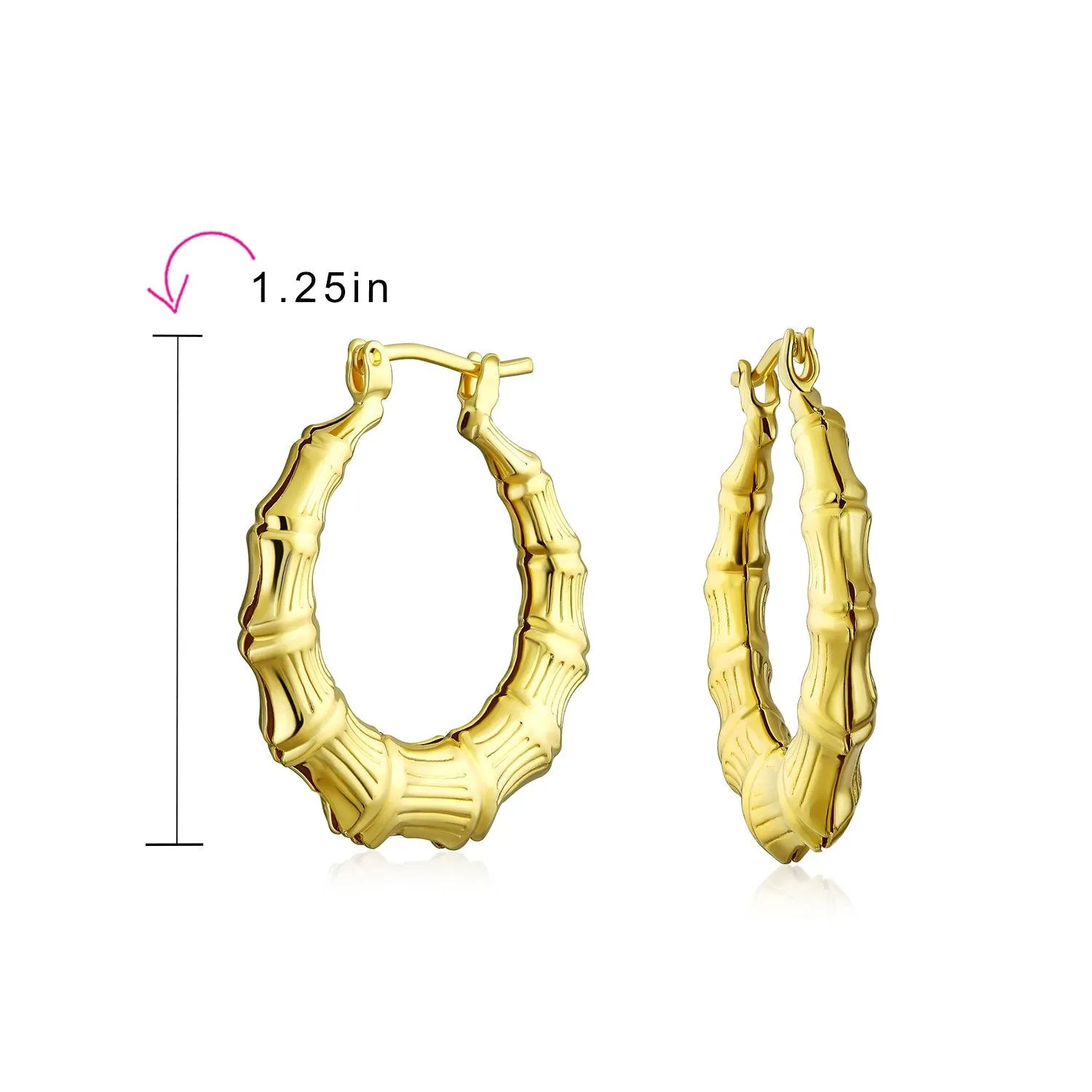Fashion Statement Hoop Huggie Earrings 18K Gold Plated Bamboo 1-2 Inch Diameter