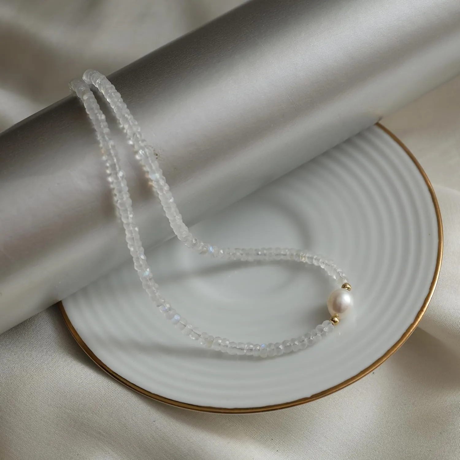 Gempires Moonstone Beaded Necklace with Pearl Choker Crystal Jewelry Handmade June Birthstone Gifts 18 Inch Gold Plated New Beginning Gemstone Necklaces