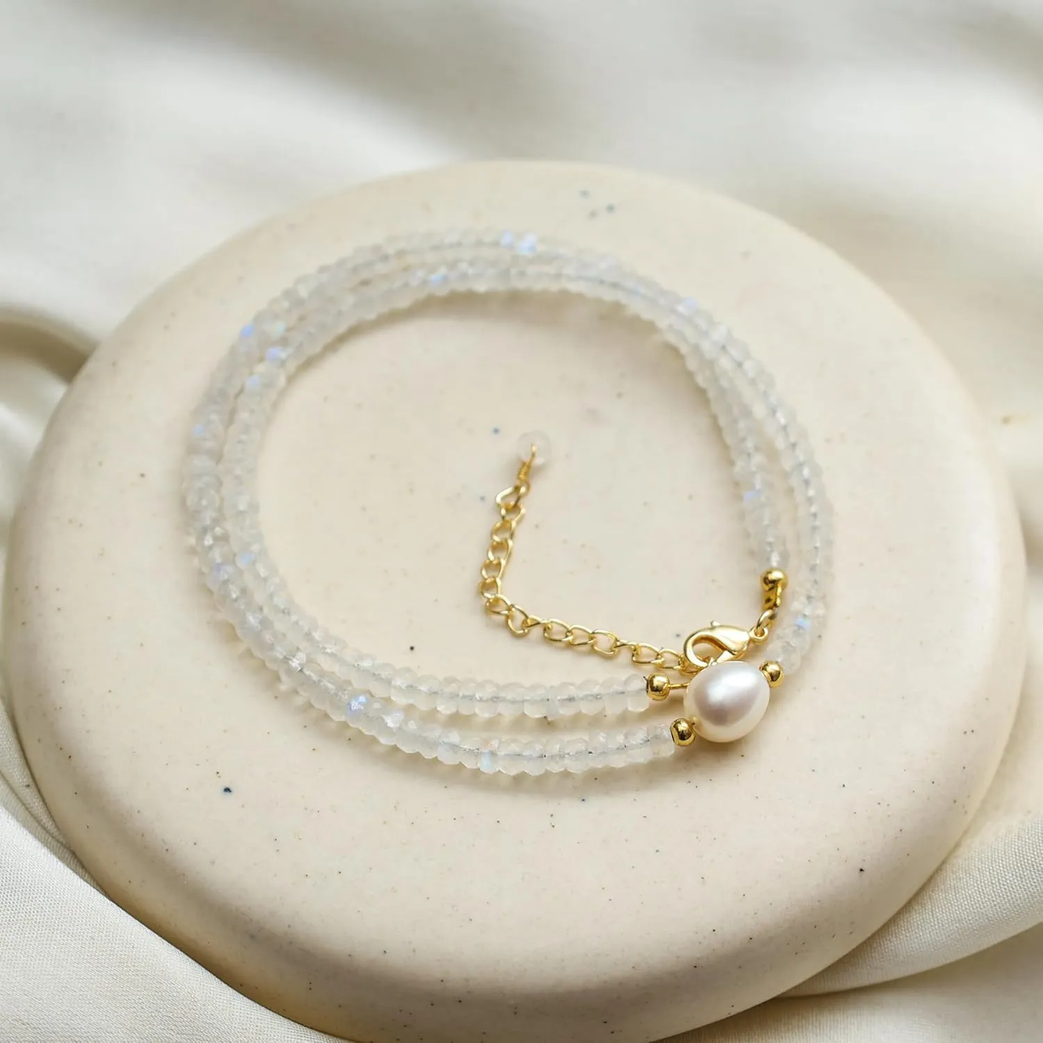 Gempires Moonstone Beaded Necklace with Pearl Choker Crystal Jewelry Handmade June Birthstone Gifts 18 Inch Gold Plated New Beginning Gemstone Necklaces