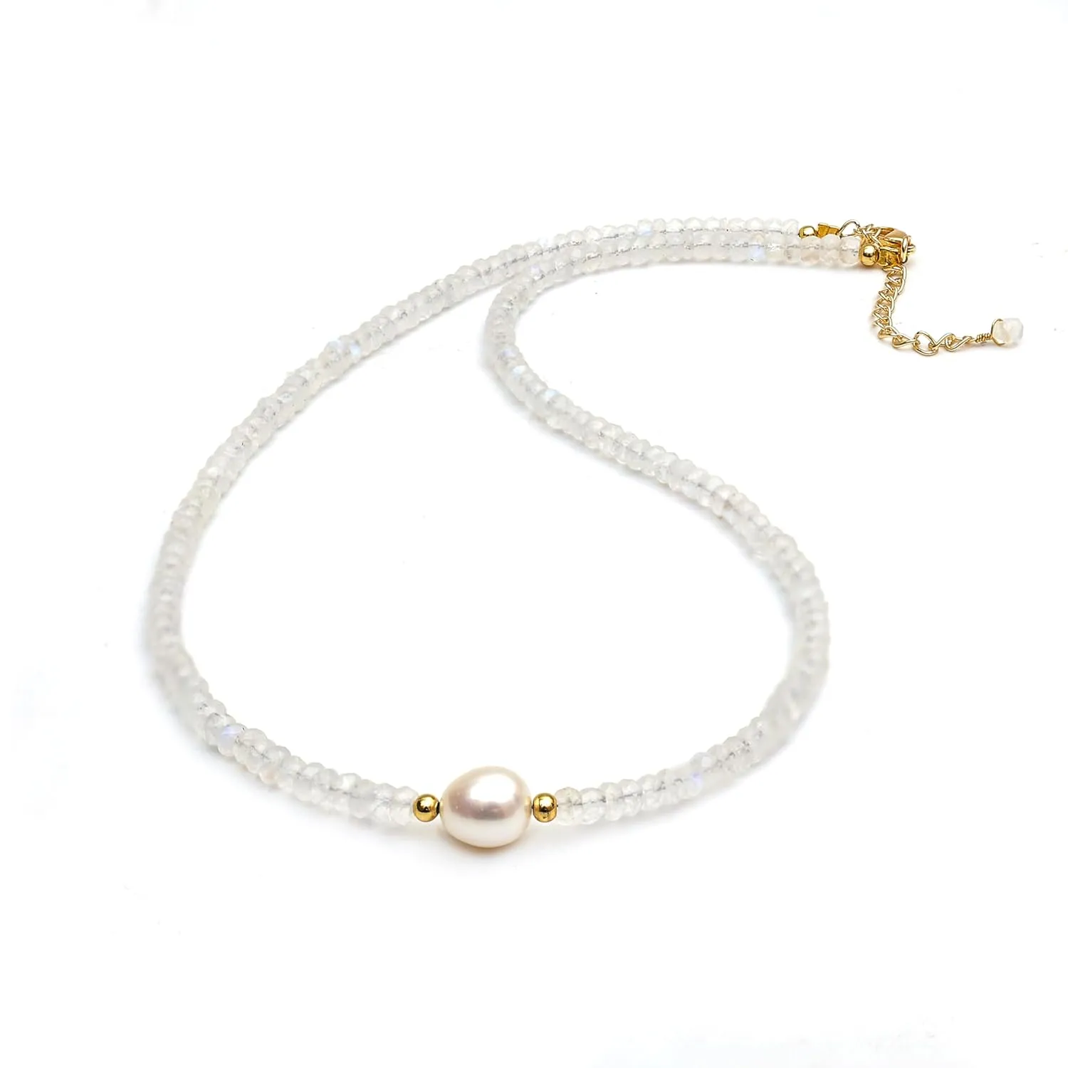 Gempires Moonstone Beaded Necklace with Pearl Choker Crystal Jewelry Handmade June Birthstone Gifts 18 Inch Gold Plated New Beginning Gemstone Necklaces