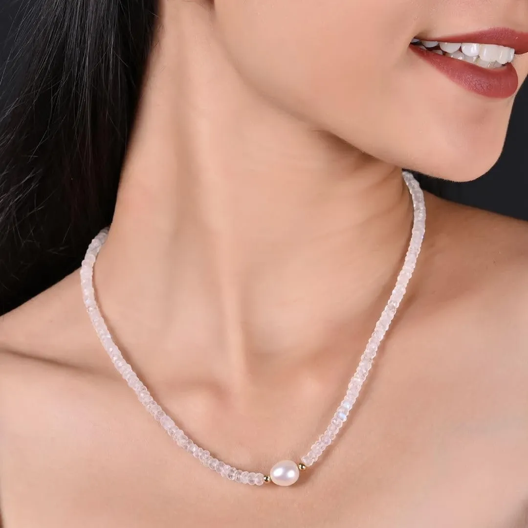 Gempires Moonstone Beaded Necklace with Pearl Choker Crystal Jewelry Handmade June Birthstone Gifts 18 Inch Gold Plated New Beginning Gemstone Necklaces