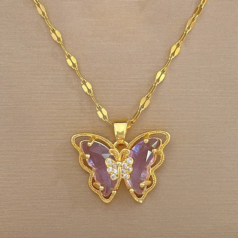 Gold Plated Charming Purple Rhinestone Butterfly Pendant Neckalce For Women