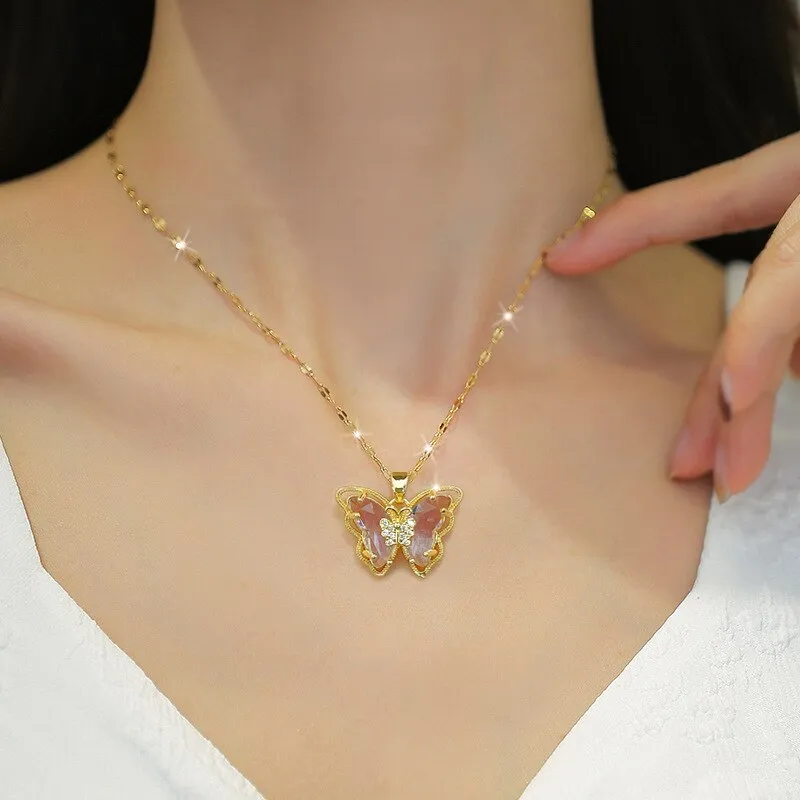 Gold Plated Charming Purple Rhinestone Butterfly Pendant Neckalce For Women