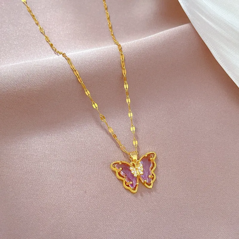 Gold Plated Charming Purple Rhinestone Butterfly Pendant Neckalce For Women