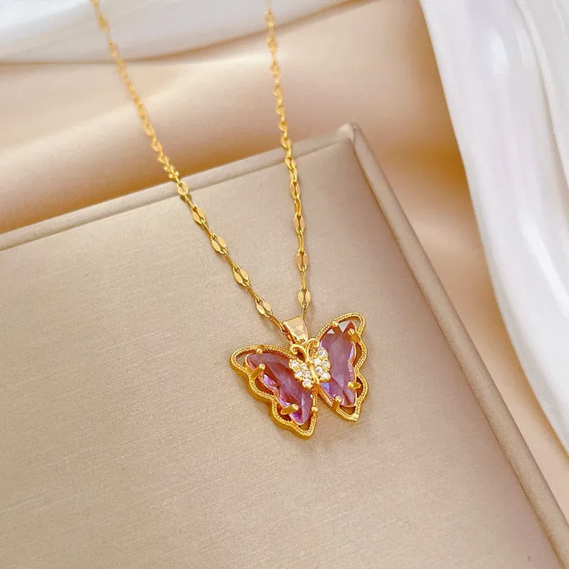 Gold Plated Charming Purple Rhinestone Butterfly Pendant Neckalce For Women